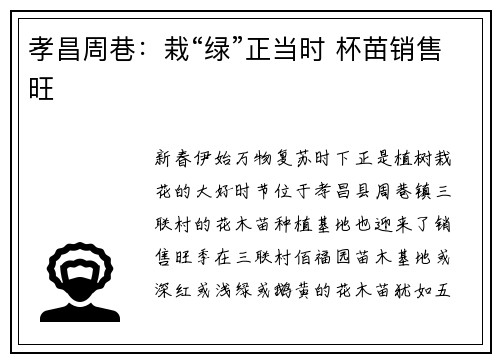 孝昌周巷：栽“绿”正当时 杯苗销售旺