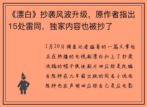 《漂白》抄袭风波升级，原作者指出15处雷同，独家内容也被抄了