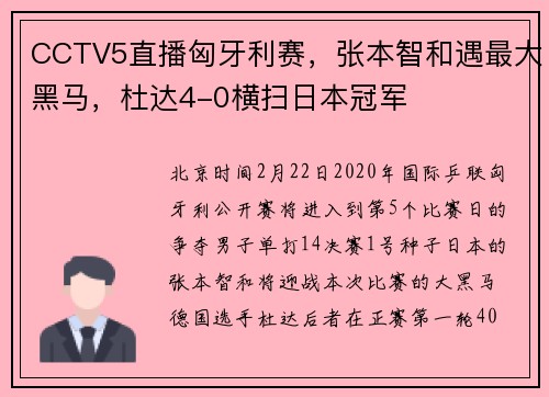 CCTV5直播匈牙利赛，张本智和遇最大黑马，杜达4-0横扫日本冠军