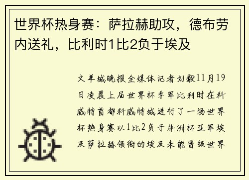 世界杯热身赛：萨拉赫助攻，德布劳内送礼，比利时1比2负于埃及