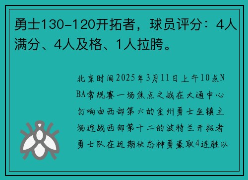 勇士130-120开拓者，球员评分：4人满分、4人及格、1人拉胯。