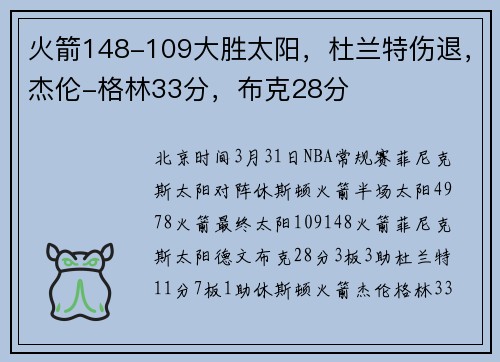 火箭148-109大胜太阳，杜兰特伤退，杰伦-格林33分，布克28分