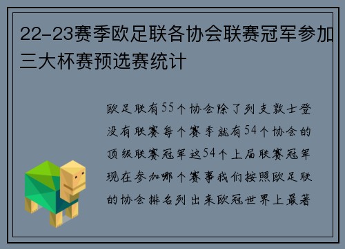 22-23赛季欧足联各协会联赛冠军参加三大杯赛预选赛统计