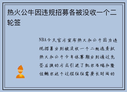 热火公牛因违规招募各被没收一个二轮签 热火公牛因违规招募各被没收一个二轮签